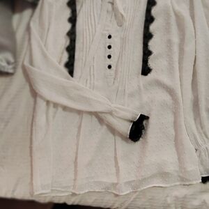 DR2 White Swiss Dot Blouse with Black Trim and Tie Front